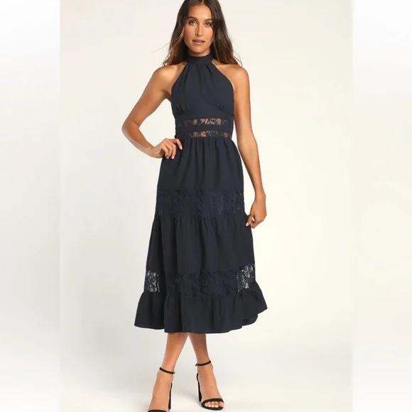 knee length dresses for ladies Blue Lace Trim Midi Dress – Illume Boutique main image 0